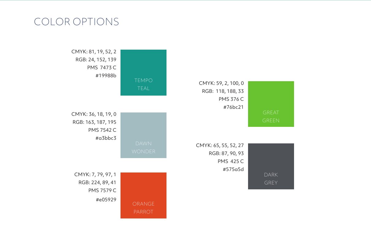Brand palette page with five colors and their CMYK, RGB and Pantone values
