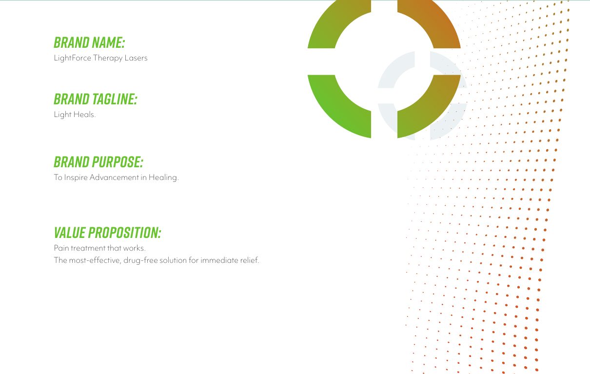 Brand guidelines page showing brand name, tagline Light Heals, purpose and value proposition