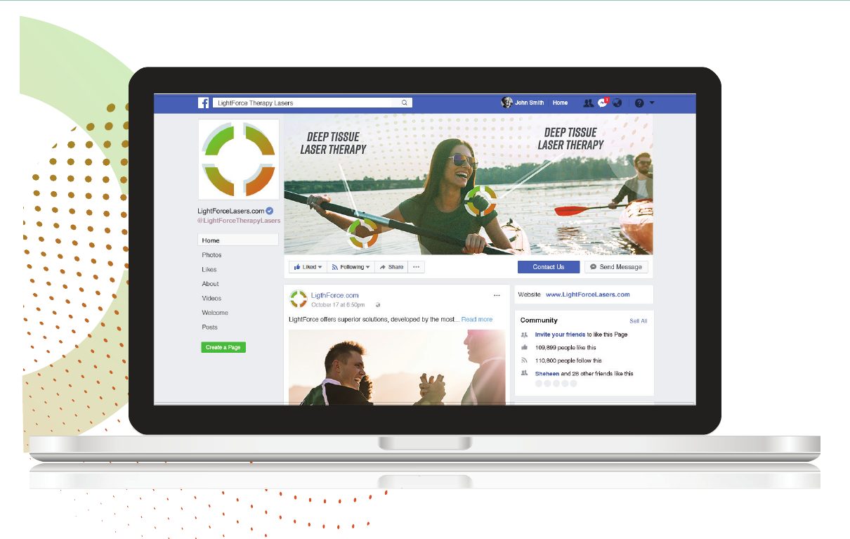 LightForce Facebook page mockup on a laptop