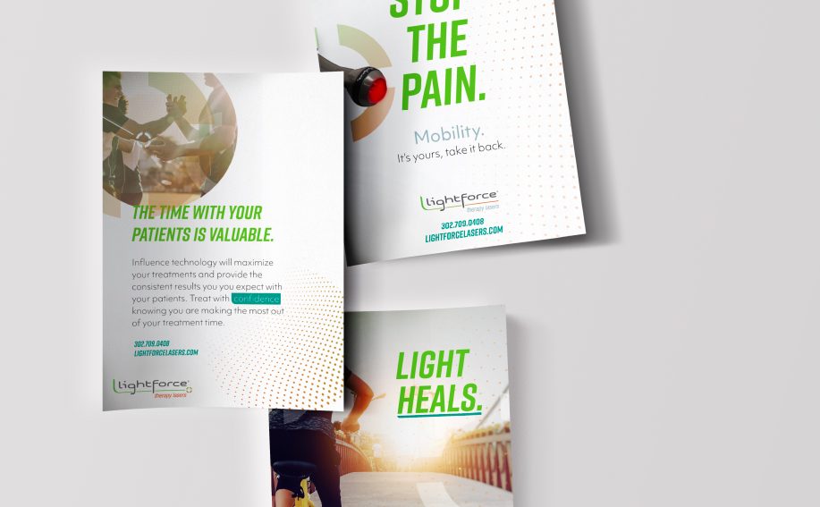 Three LightForce flyer ads: Stop the Pain, The Time With Your Patients Is Valuable, Light Heals