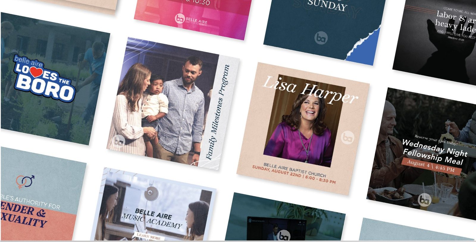 Grid of church social media graphics including event, program and sermon posts